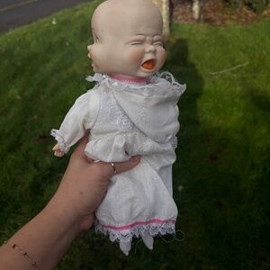 Vintage 13” Three Faced Bisque Porcelain Doll With Bonnet Triple Head Taiwan.